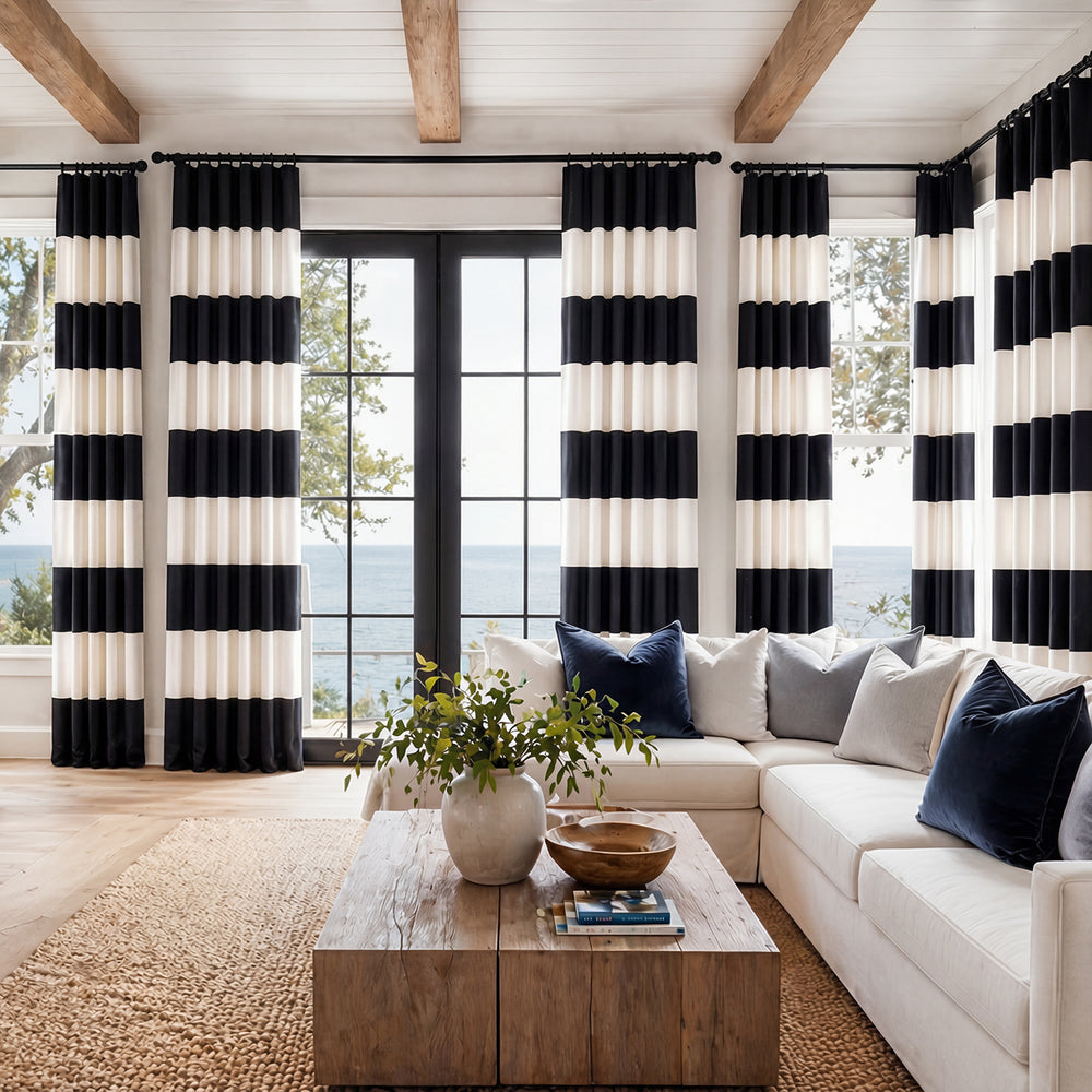 Onyx Black & Off White Striped Printed Cotton Custom Curtain