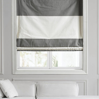 Slate Grey & Off White Striped Printed Cotton Roman Shade