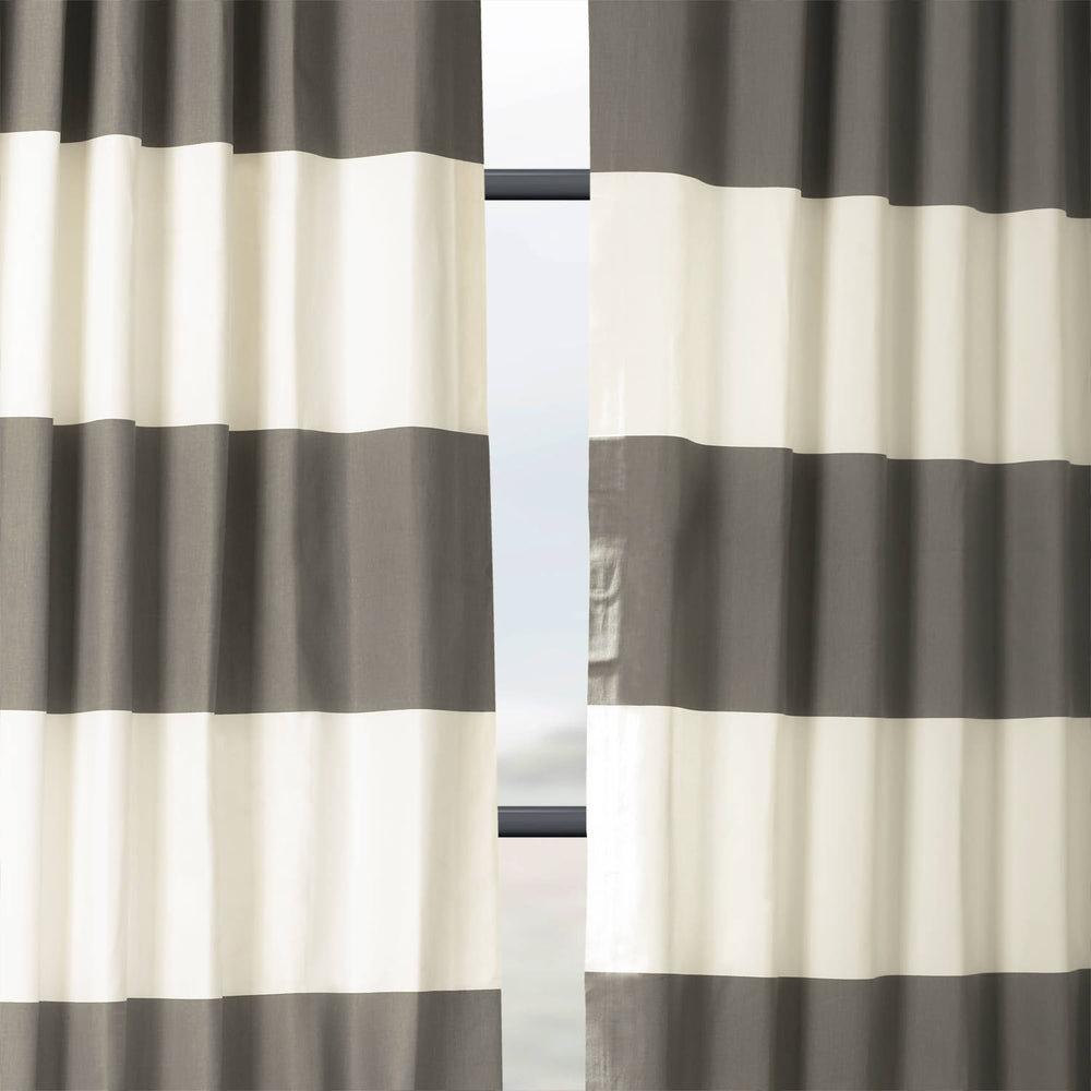 Slate Grey & Off White Horizontal Striped Printed Cotton Custom Curtain