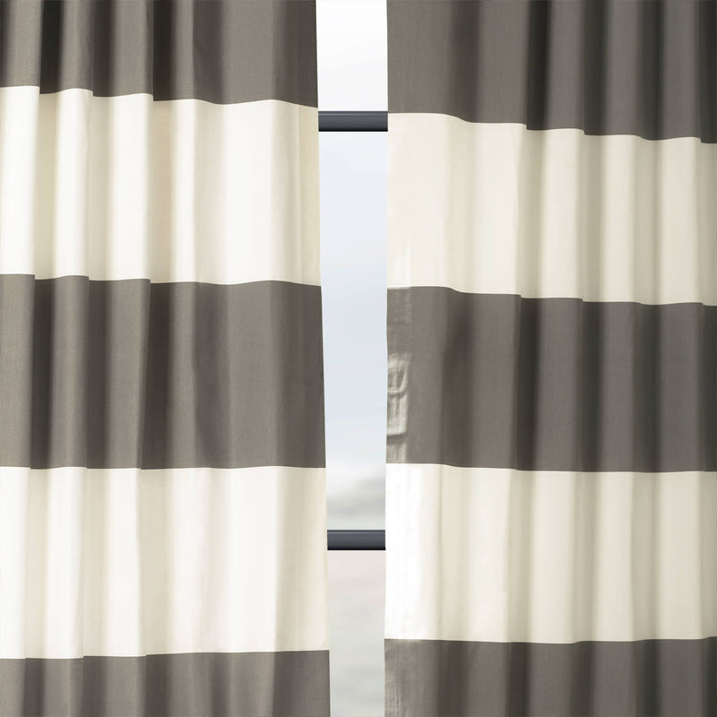 Slate Grey & Off White Horizontal Striped Printed Cotton Custom Curtain