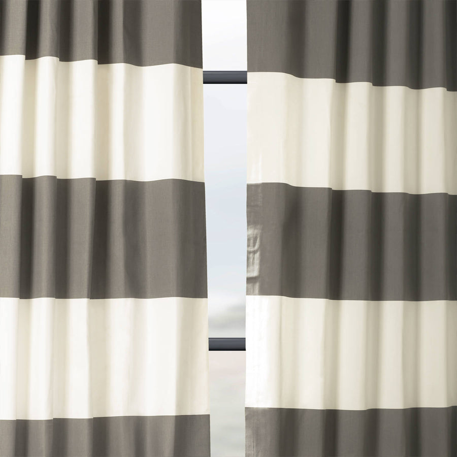 Slate Grey & Off White Horizontal Striped Printed Cotton Custom Curtain