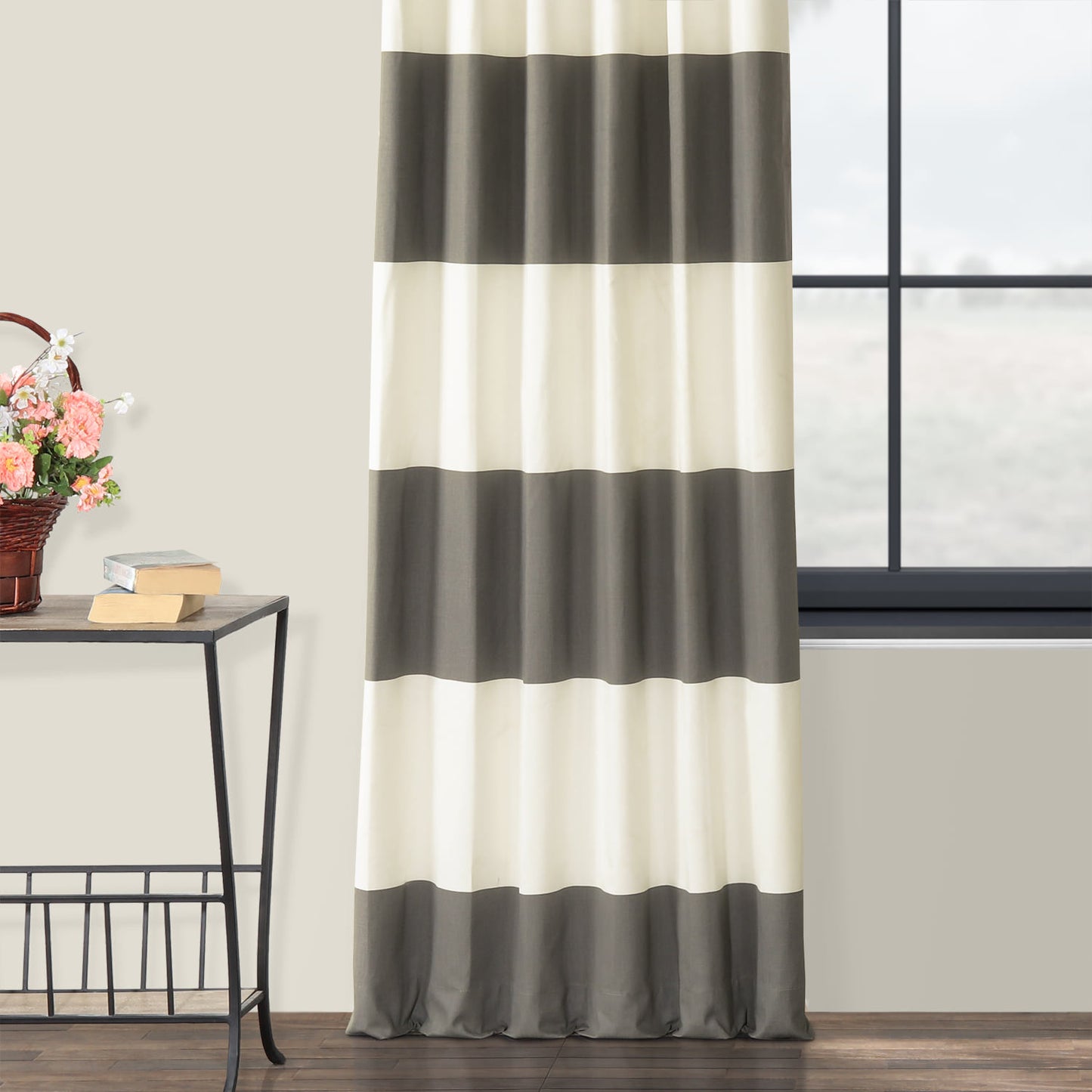 Slate Grey & Off White Horizontal Striped Printed Cotton Custom Curtain