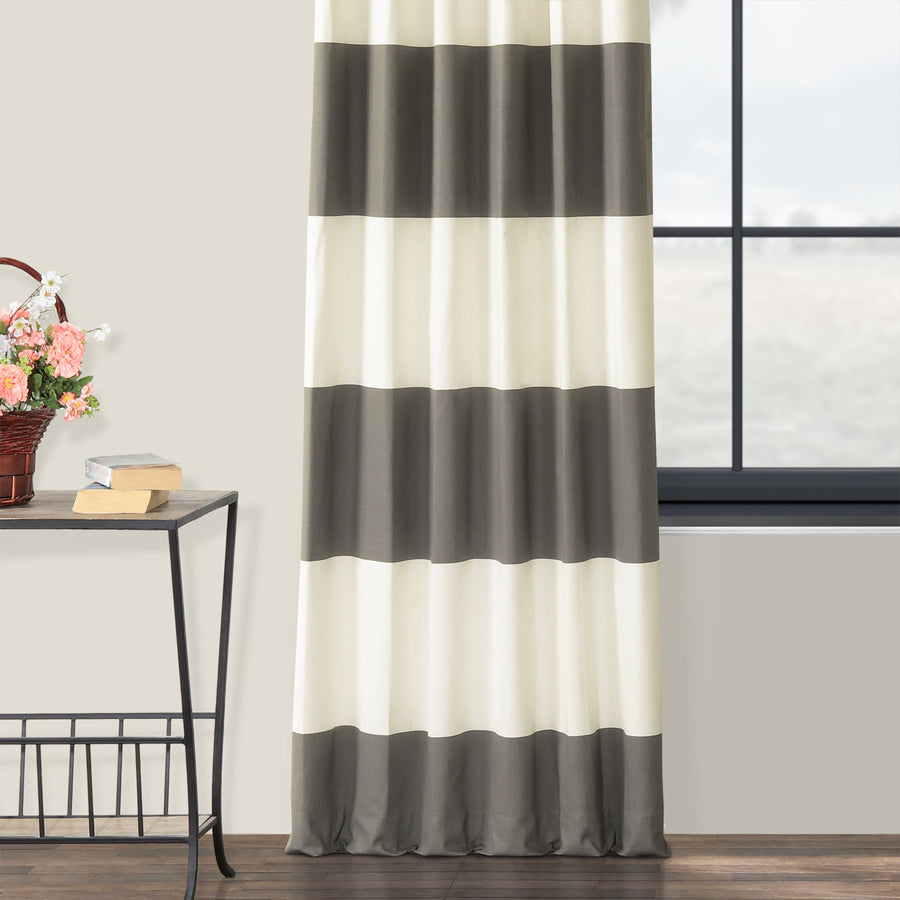 Slate Grey & Off White Horizontal Striped Printed Cotton Custom Curtain
