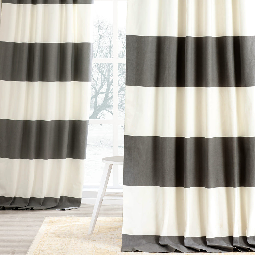 Slate Grey & Off White Horizontal Striped Printed Cotton Custom Curtain