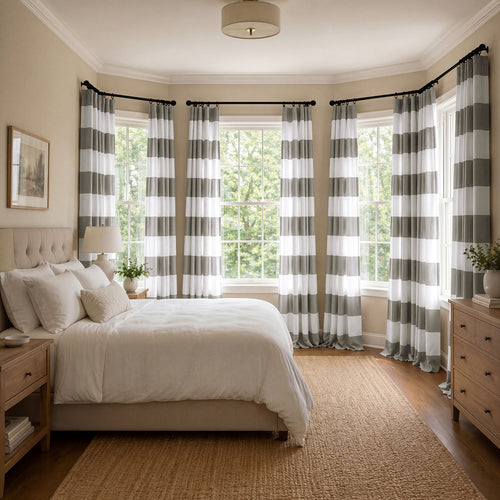 Thunder Tan & Off White Striped Printed Cotton Custom Curtain