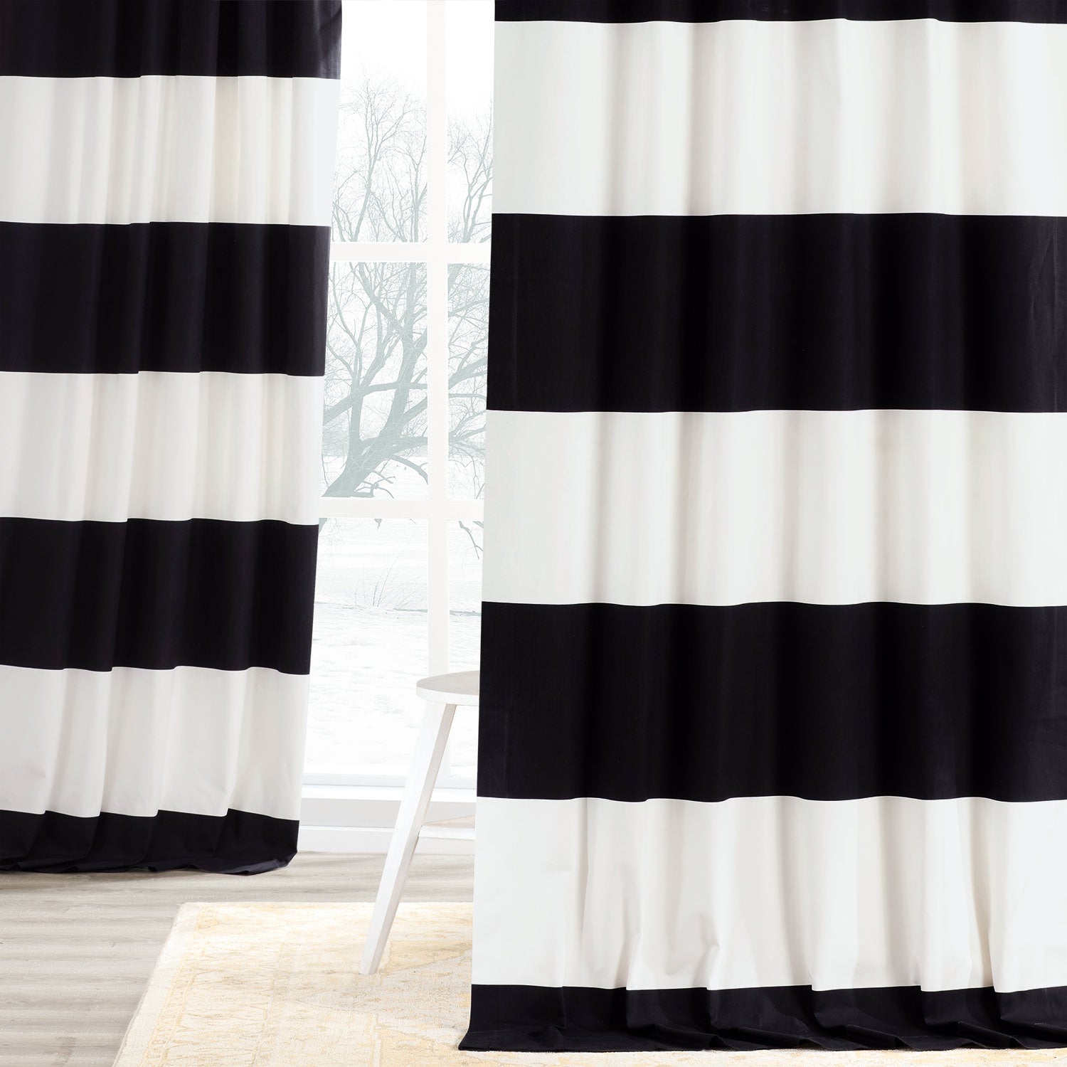 Onyx Black & Off White Striped Printed Cotton Custom Curtain