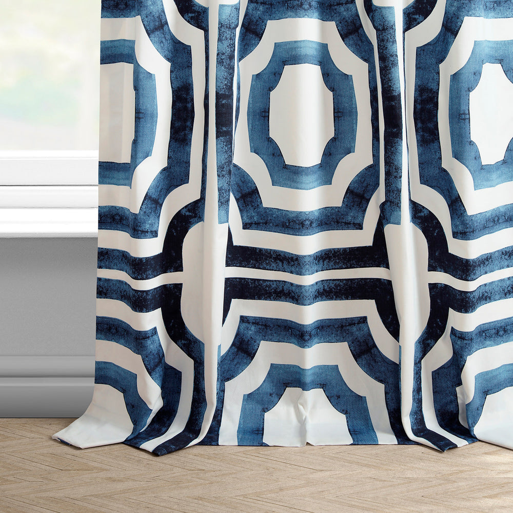 Mecca Blue Geometric Printed Cotton Custom Curtain