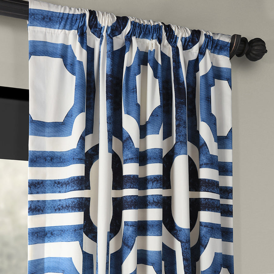 Mecca Blue Geometric Printed Cotton Custom Curtain