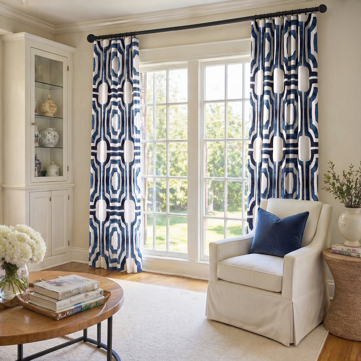 Mecca Blue Geometric Printed Cotton Custom Curtain
