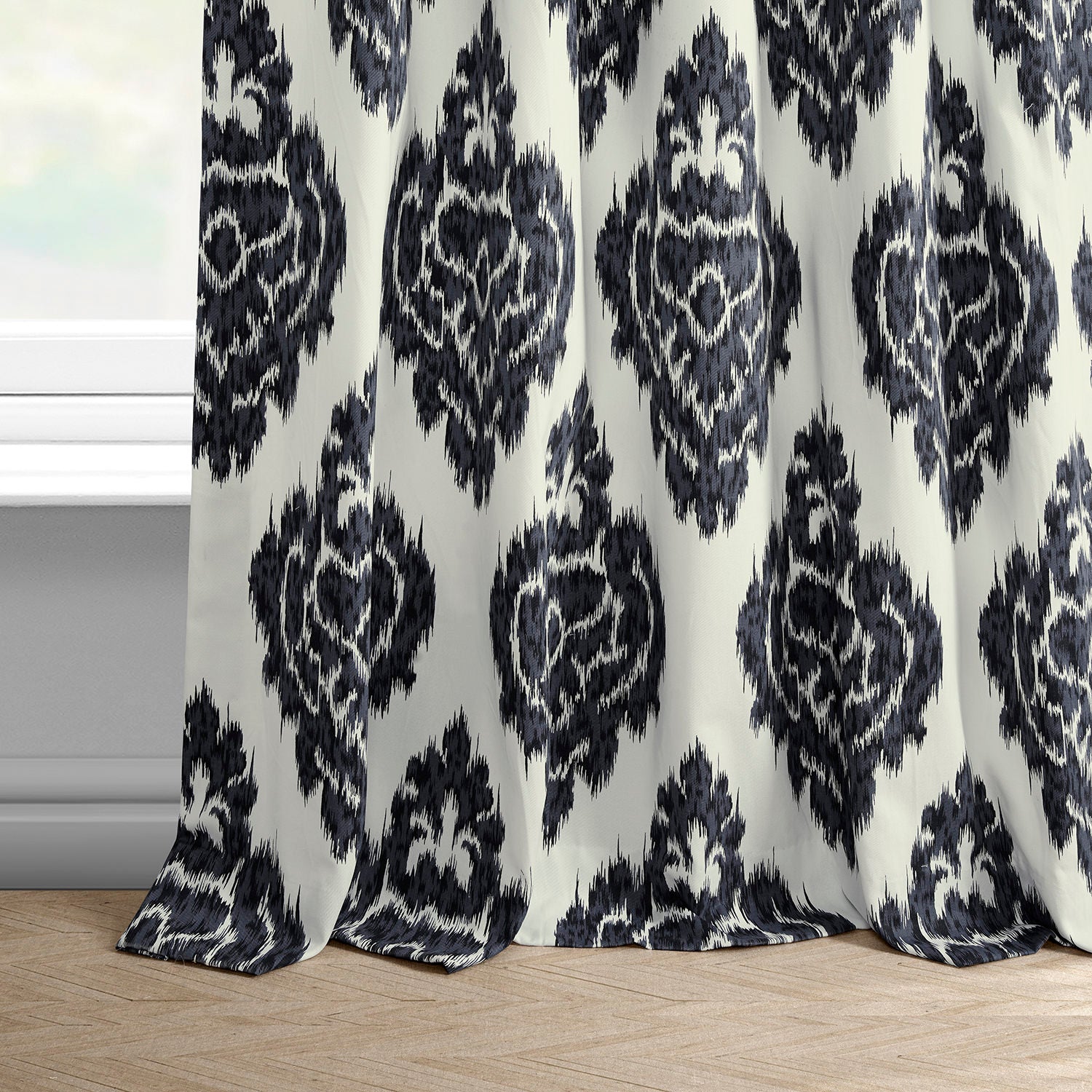 Ikat Blue Damask Printed Cotton Custom Curtain