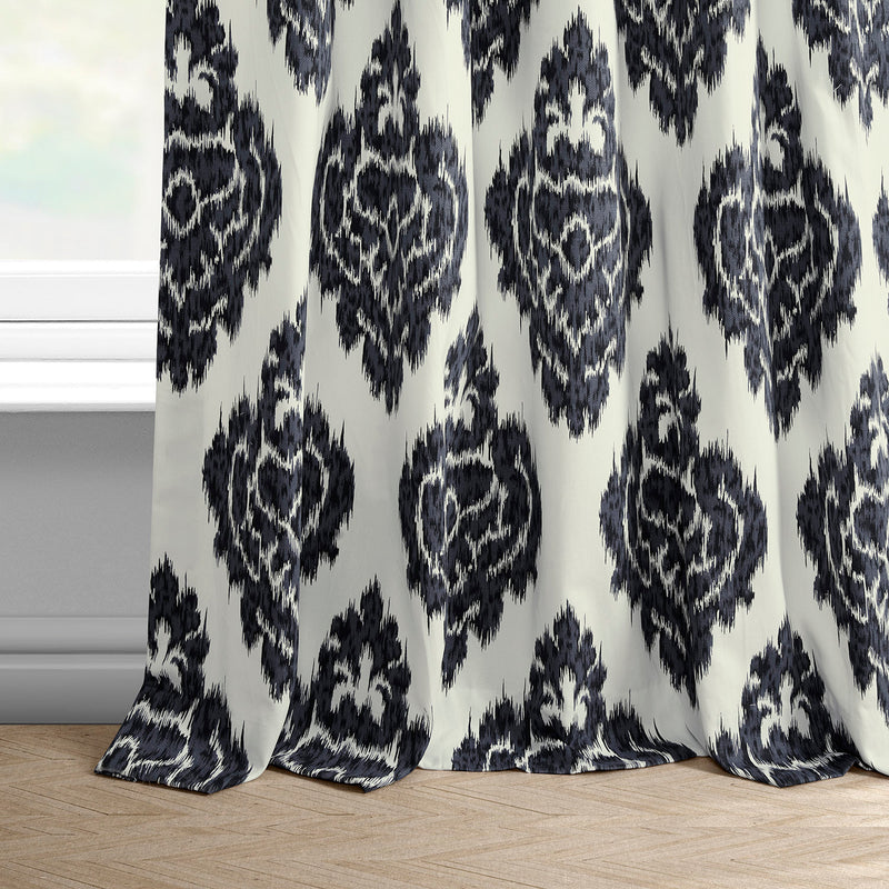 Ikat Blue Damask Printed Cotton Custom Curtain