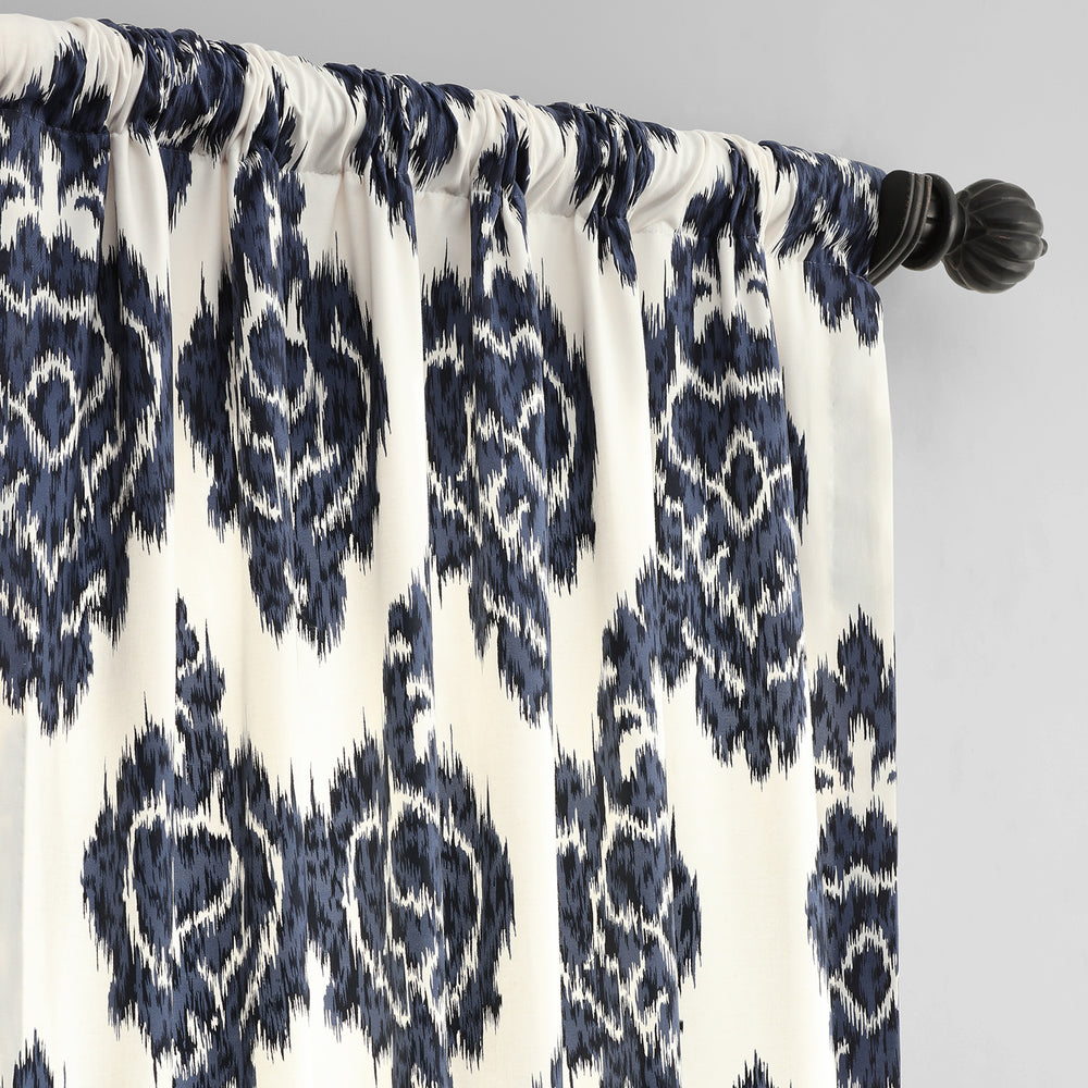 Ikat Blue Damask Printed Cotton Custom Curtain