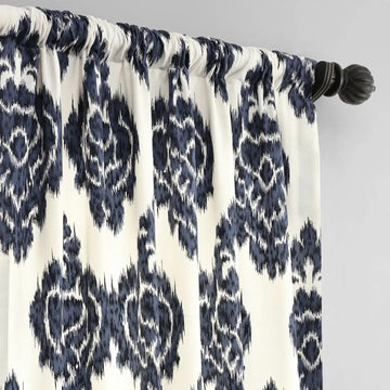 Ikat Blue Damask Printed Cotton Custom Curtain