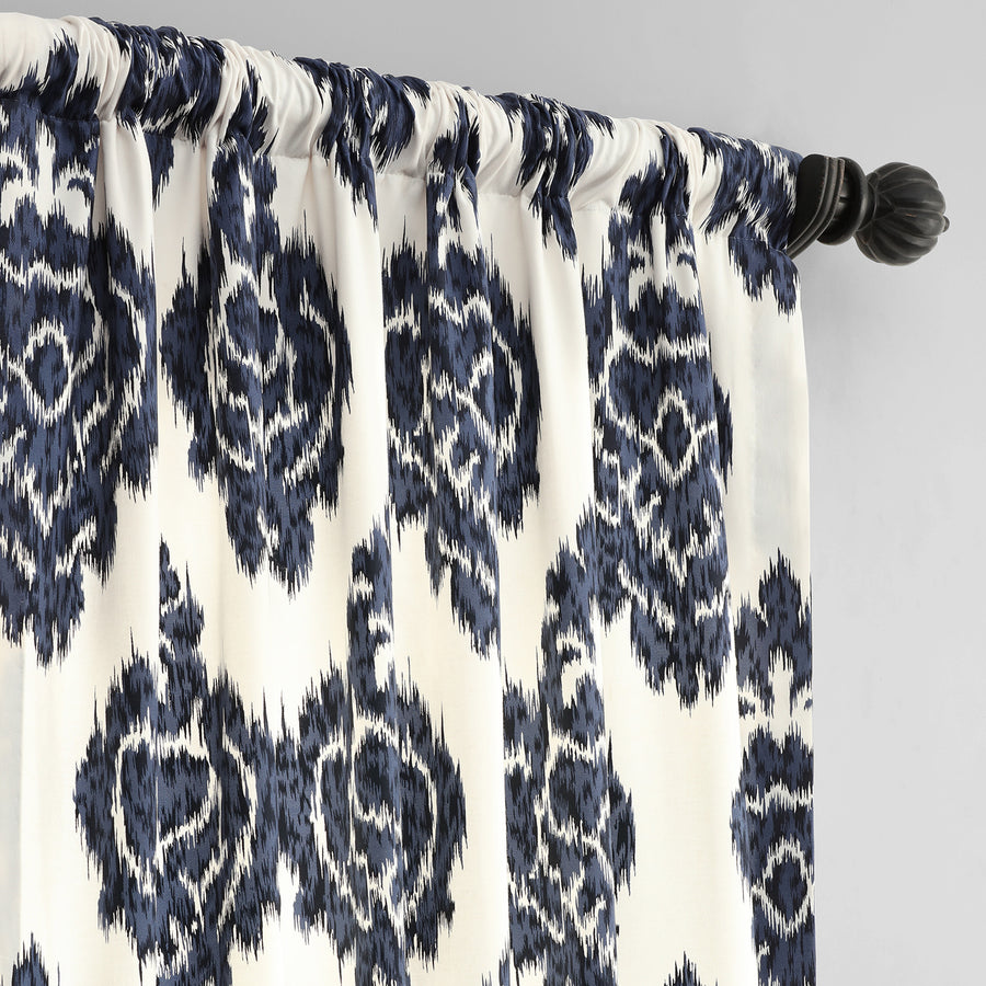 Ikat Blue Damask Printed Cotton Custom Curtain