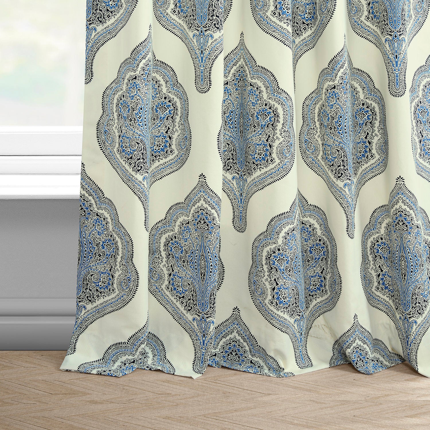 Arabesque Blue Emblem Printed Cotton Custom Curtain