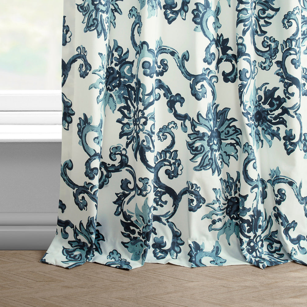 Indonesian Blue Floral Printed Cotton Custom Curtain