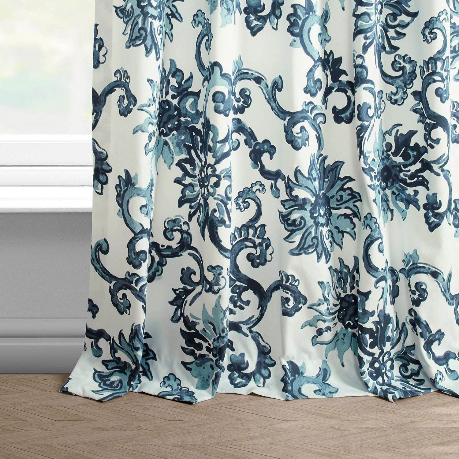 Indonesian Blue Floral Printed Cotton Custom Curtain