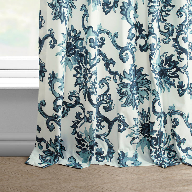 Indonesian Blue Floral Printed Cotton Custom Curtain
