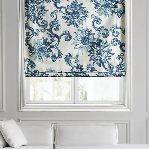 Indonesian Blue Floral Printed Cotton Roman Shade