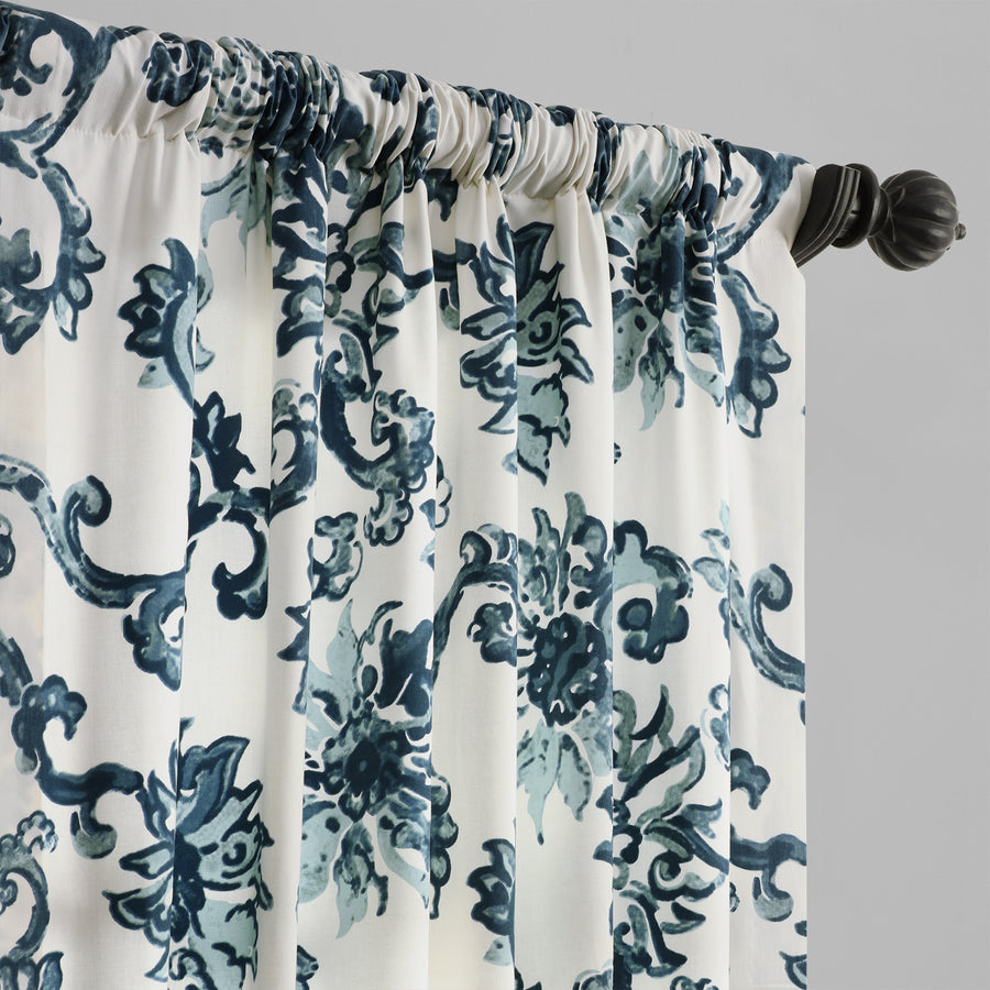 Indonesian Blue Floral Printed Cotton Custom Curtain