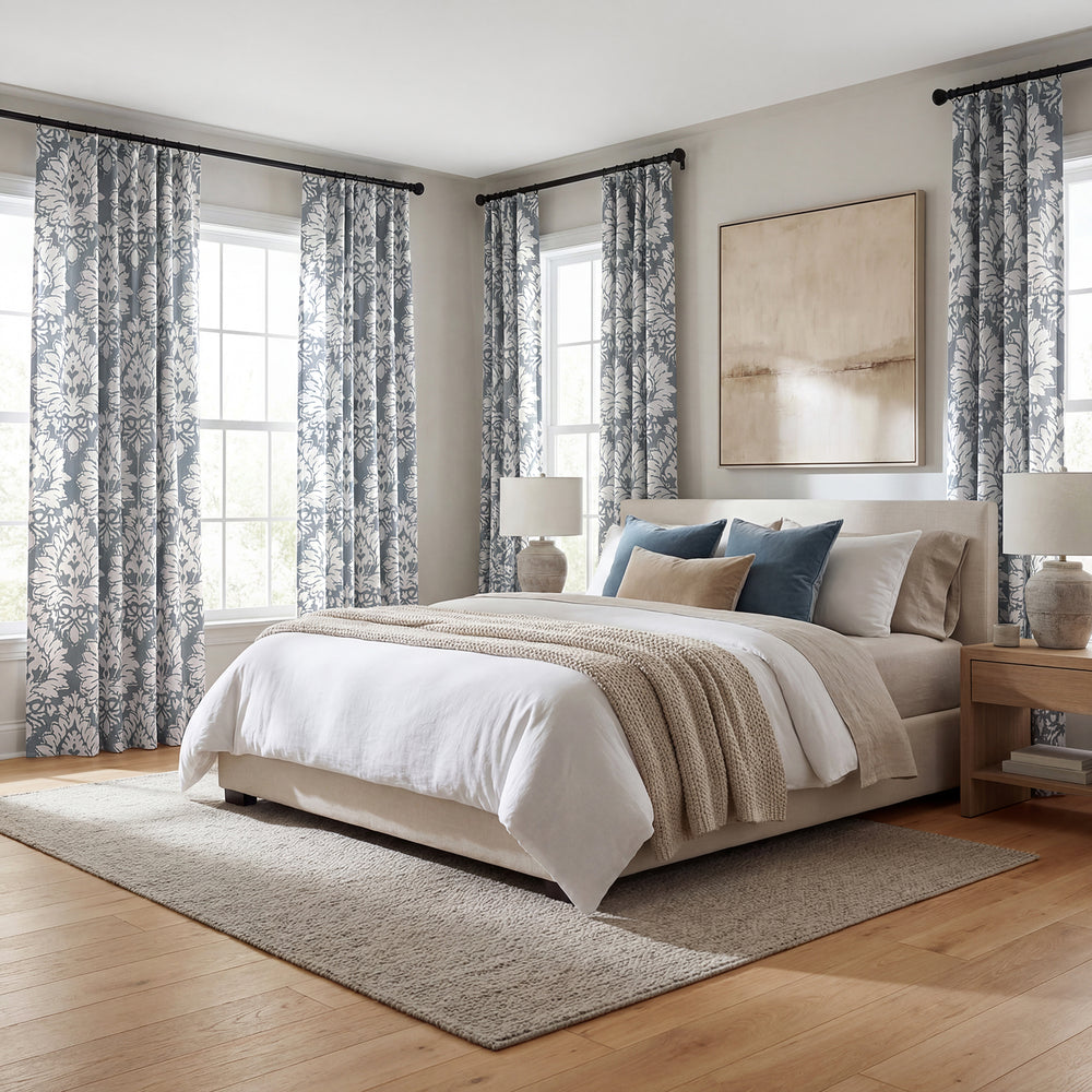 Lacuna Grey Floral Printed Cotton Custom Curtain