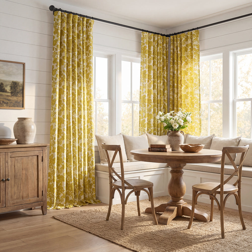 Fleur Gold Floral Printed Cotton Custom Curtain
