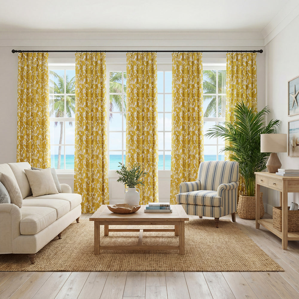 Fleur Gold Floral Printed Cotton Custom Curtain