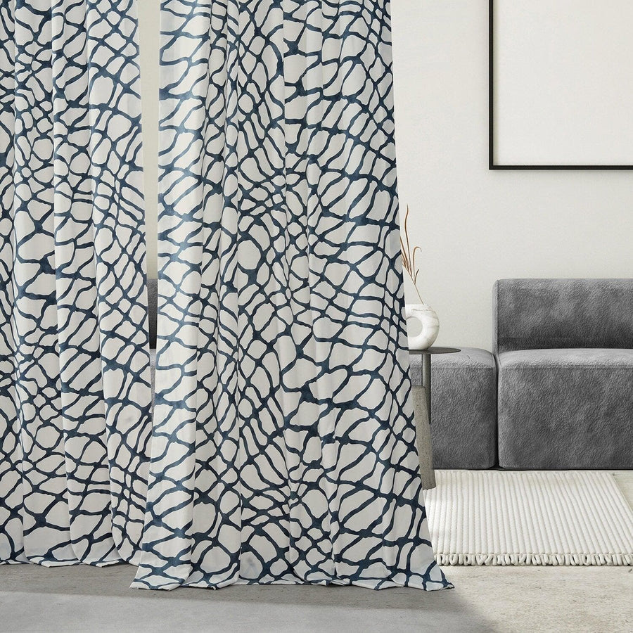 Ellis Blue Printed Cotton Custom Curtain - HalfPriceDrapes.com