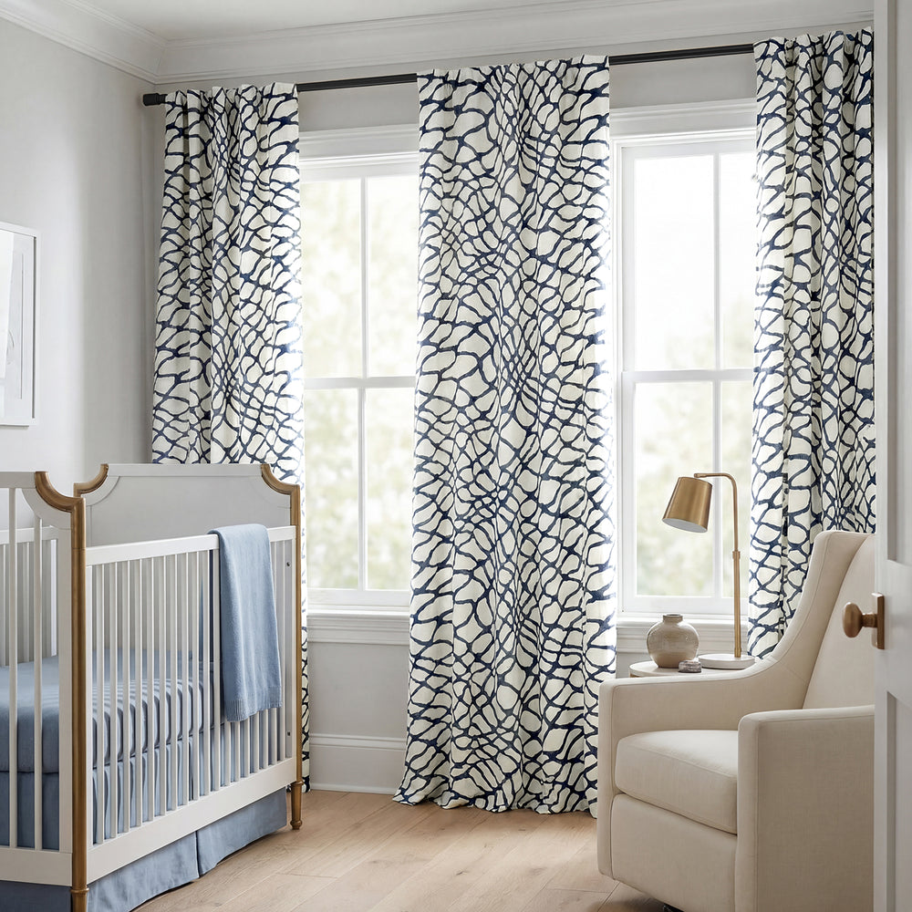 Ellis Blue Abstract Printed Cotton Custom Curtain