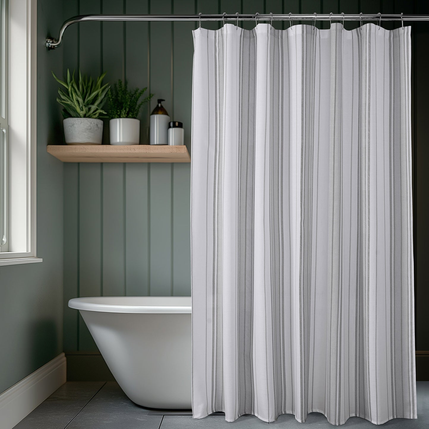 Echo Stripes Greige Striped Blossom Printed Shower Curtain