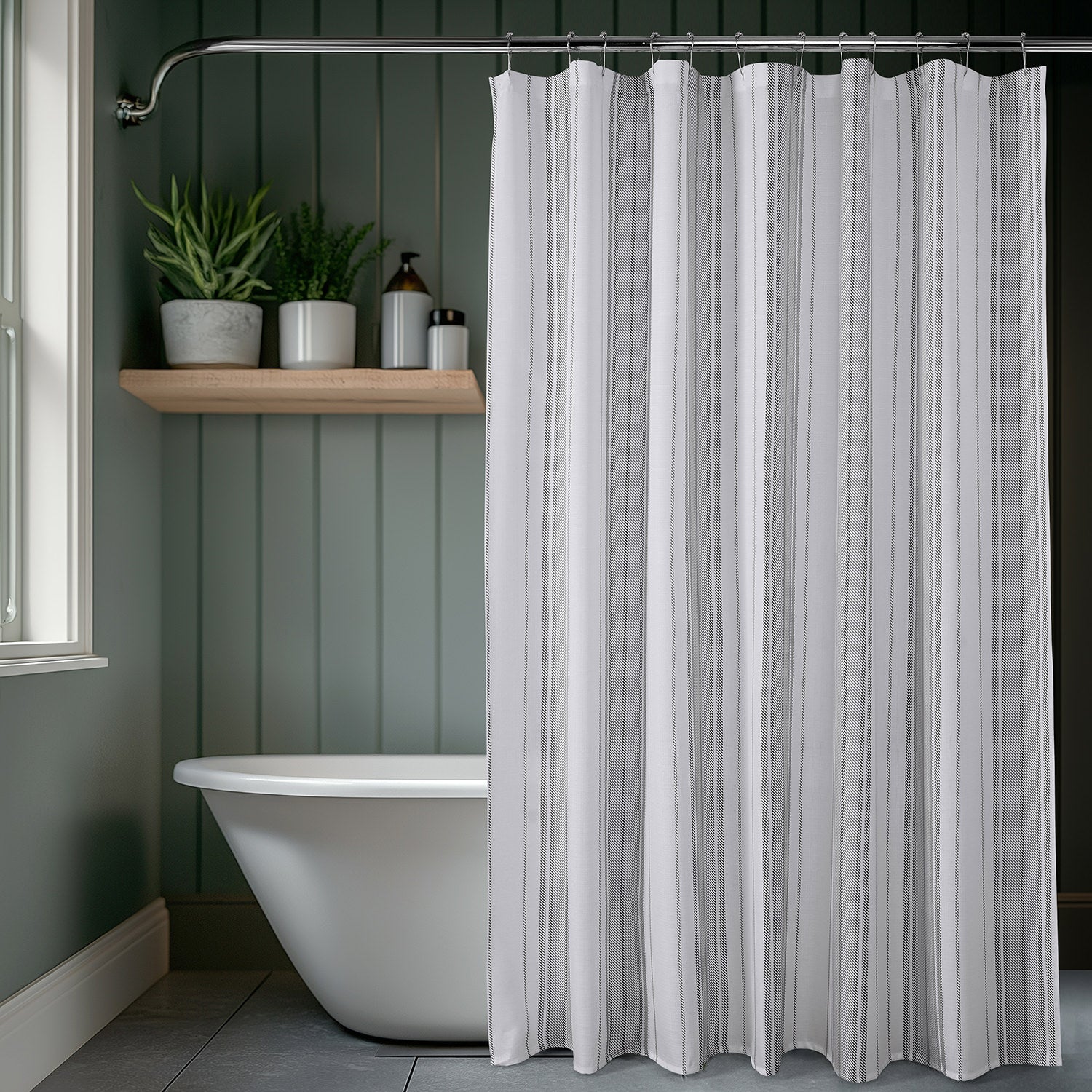 Echo Stripes Greige Striped Blossom Printed Shower Curtain