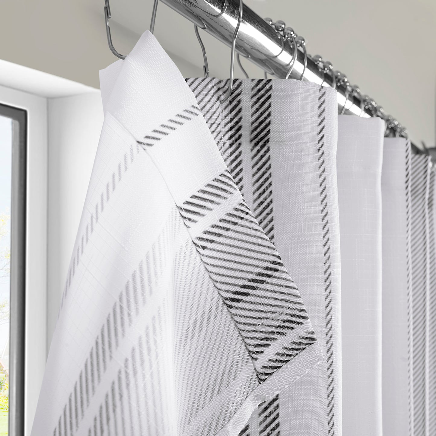 Echo Stripes Greige Striped Blossom Printed Shower Curtain