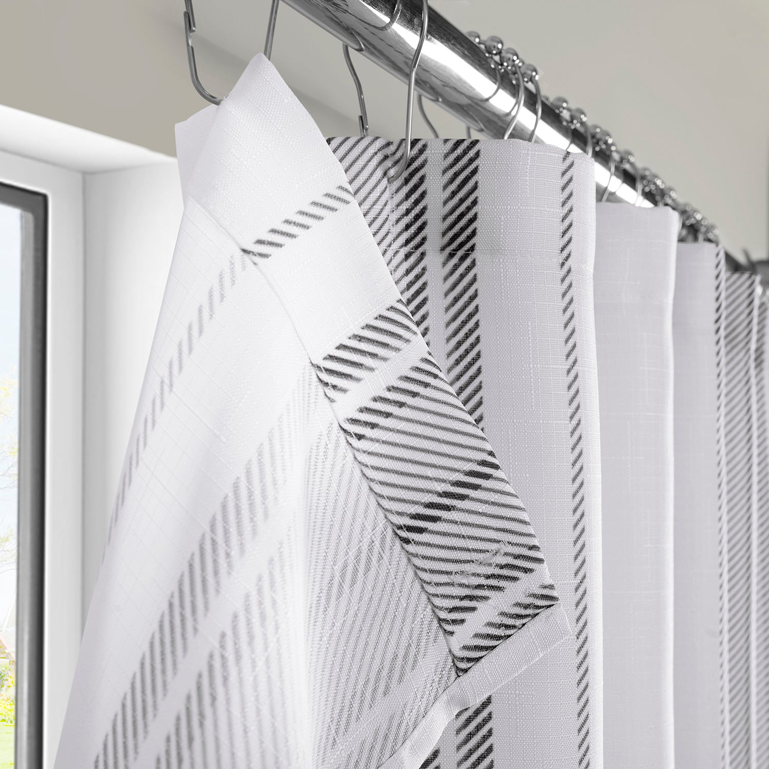 Echo Stripes Greige Striped Blossom Printed Shower Curtain