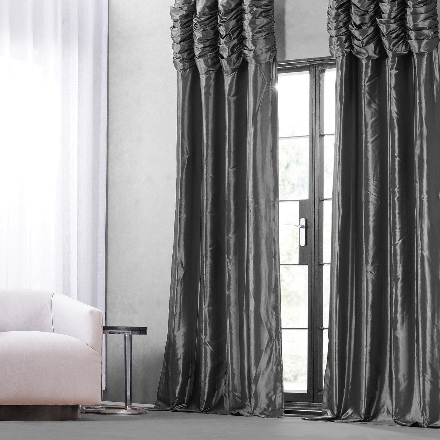 Graphite Ruched Solid Faux Silk Taffeta Curtain - HalfPriceDrapes.com
