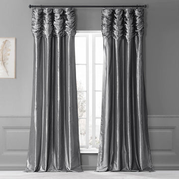 Graphite Ruched Solid Faux Silk Taffeta Room Darkening Curtain