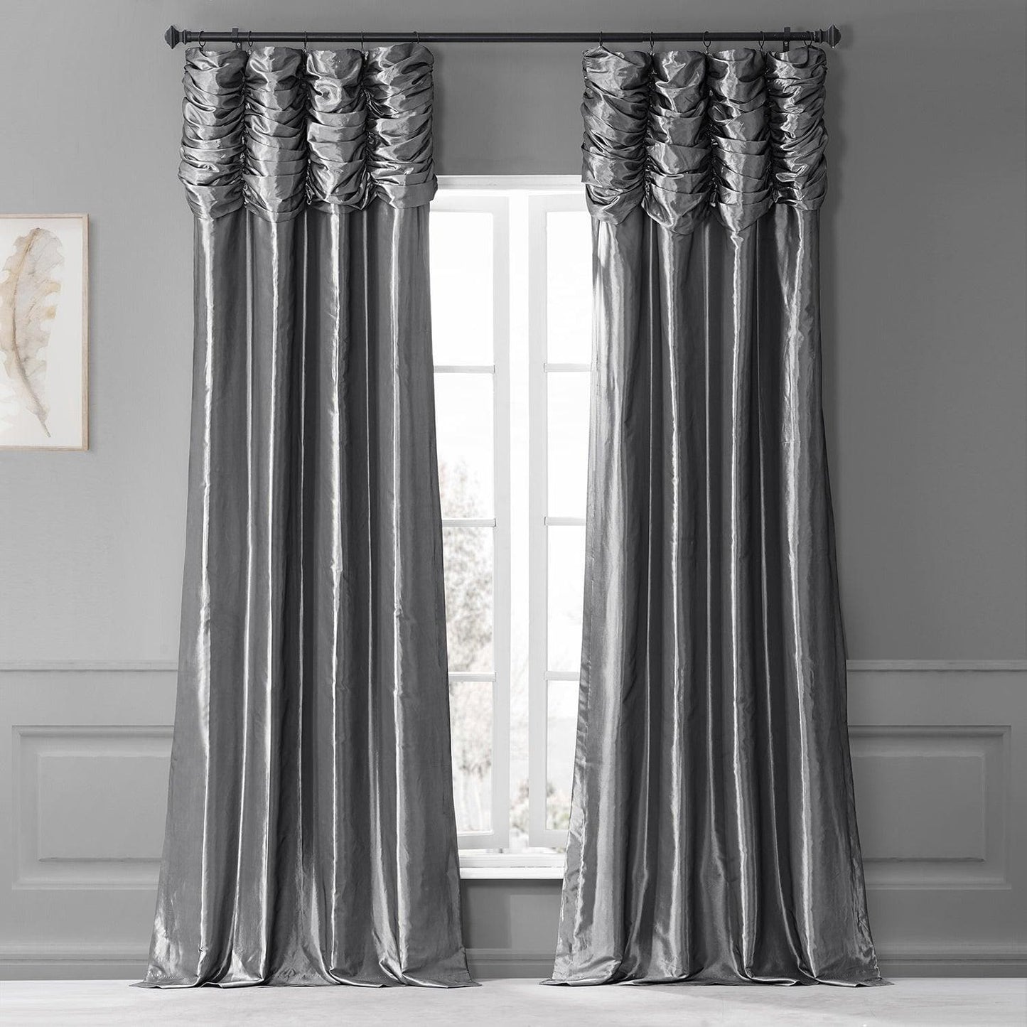 Graphite Ruched Solid Faux Silk Taffeta Curtain - HalfPriceDrapes.com