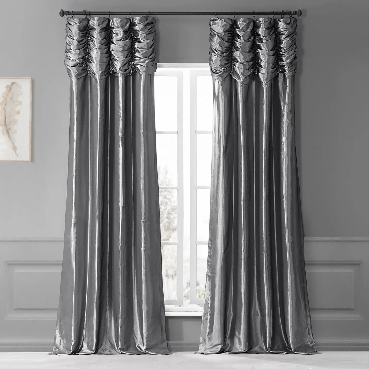 Graphite Ruched Solid Faux Silk Taffeta Curtain - HalfPriceDrapes.com