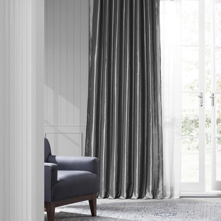 Graphite Solid Faux Silk Taffeta Room Darkening Curtain