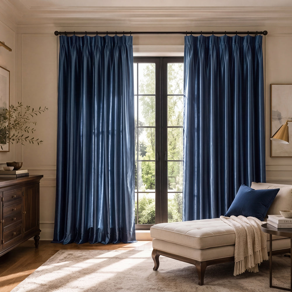 Navy Blue Solid Faux Silk Taffeta Custom Curtain