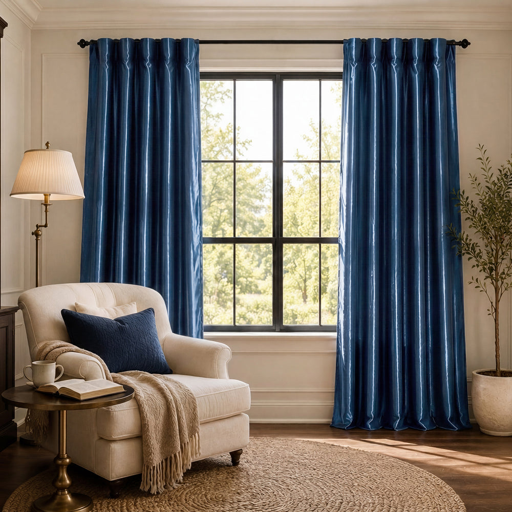 Navy Blue Solid Faux Silk Taffeta Custom Curtain