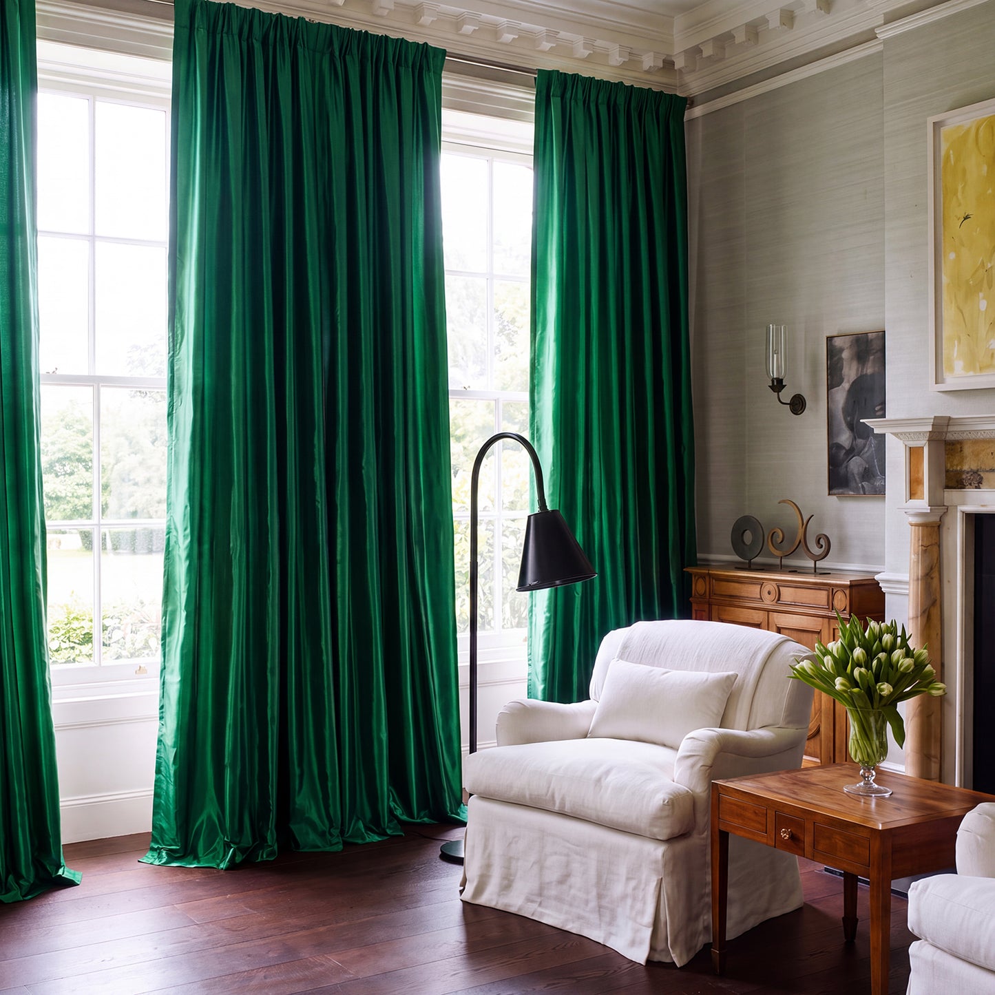 Emerald Green Solid Faux Silk Taffeta Custom Curtain