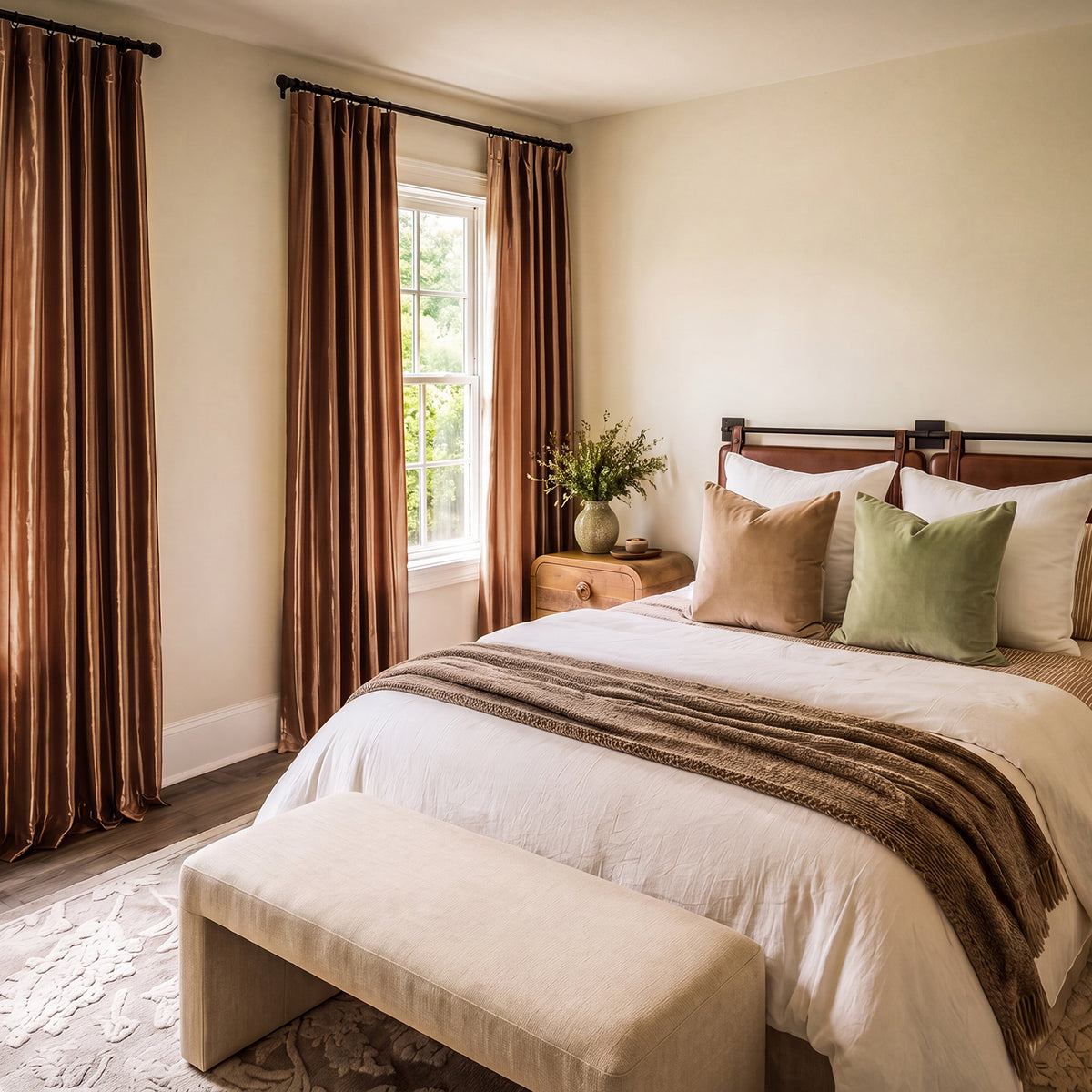 Copper Brown Solid Faux Silk Taffeta Custom Curtain