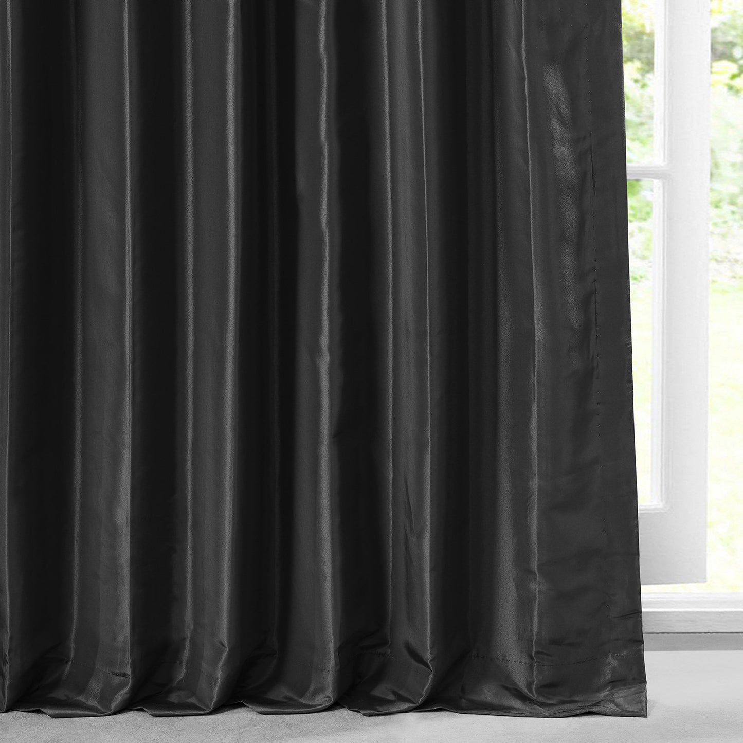 Jet Black Solid Faux Silk Taffeta Custom Curtain