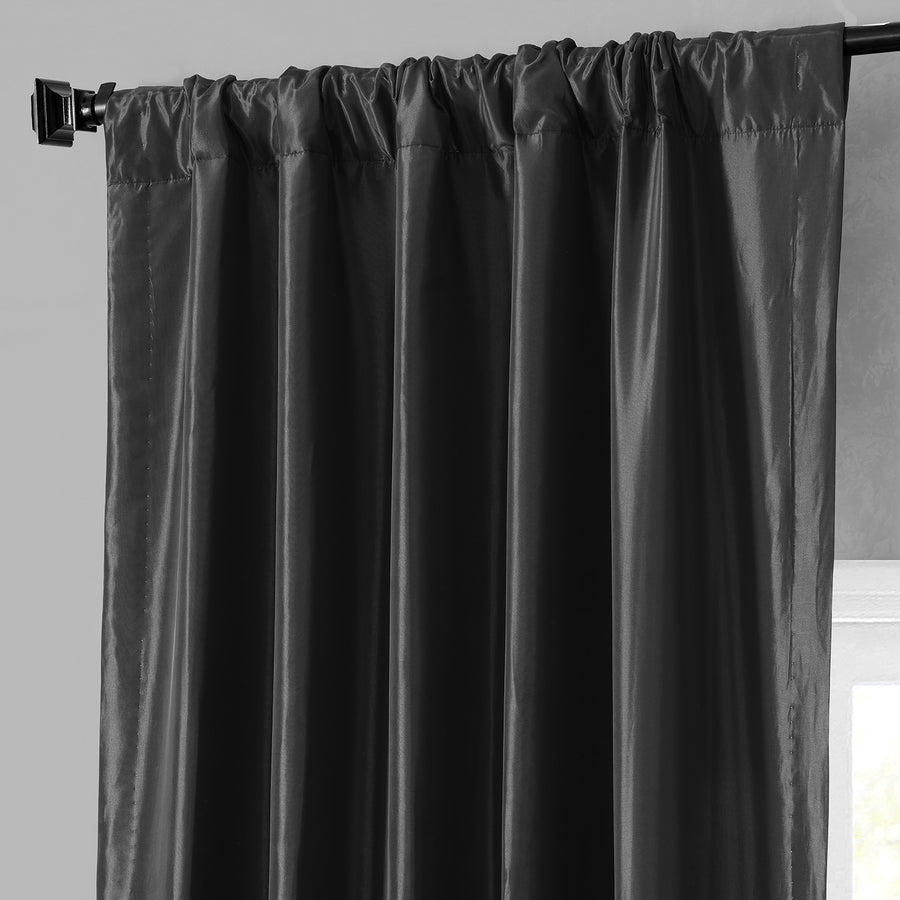 Jet Black Solid Faux Silk Taffeta Custom Curtain