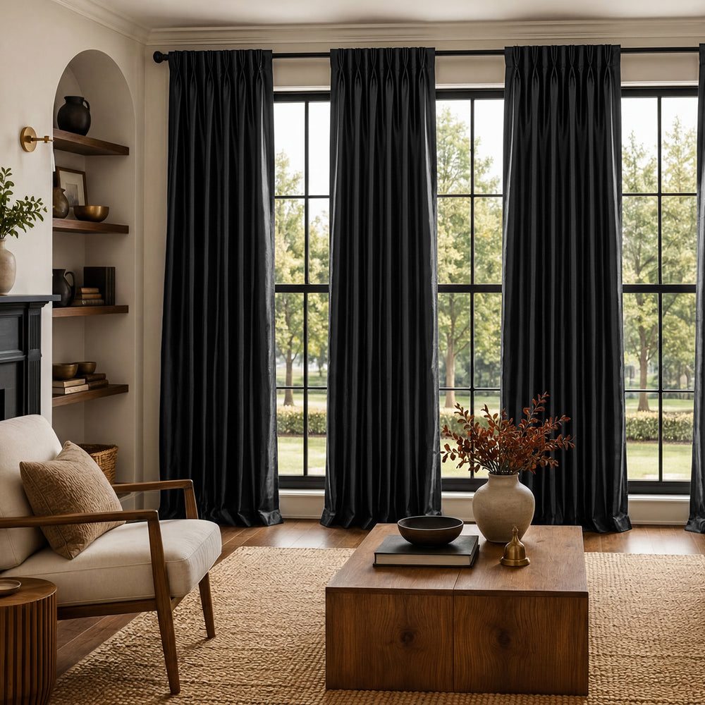 Jet Black Solid Faux Silk Taffeta Custom Curtain