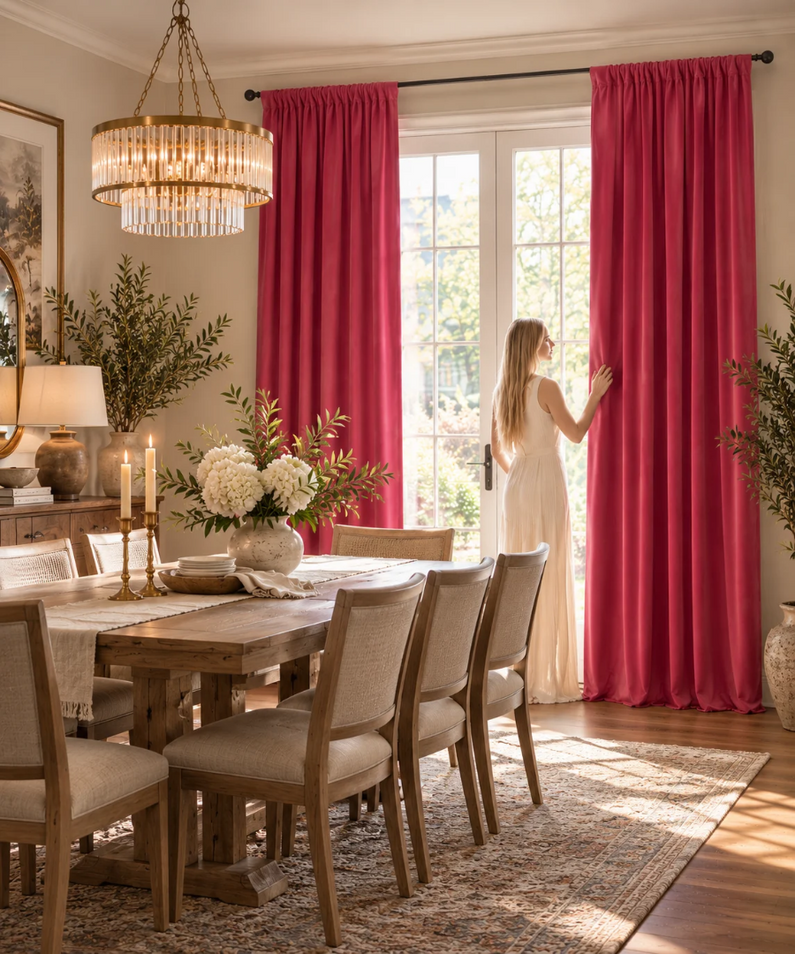 Black floor-length curtains frame tall bedroom windows, creating a bold contrast against warm neutral walls and an autumn view.