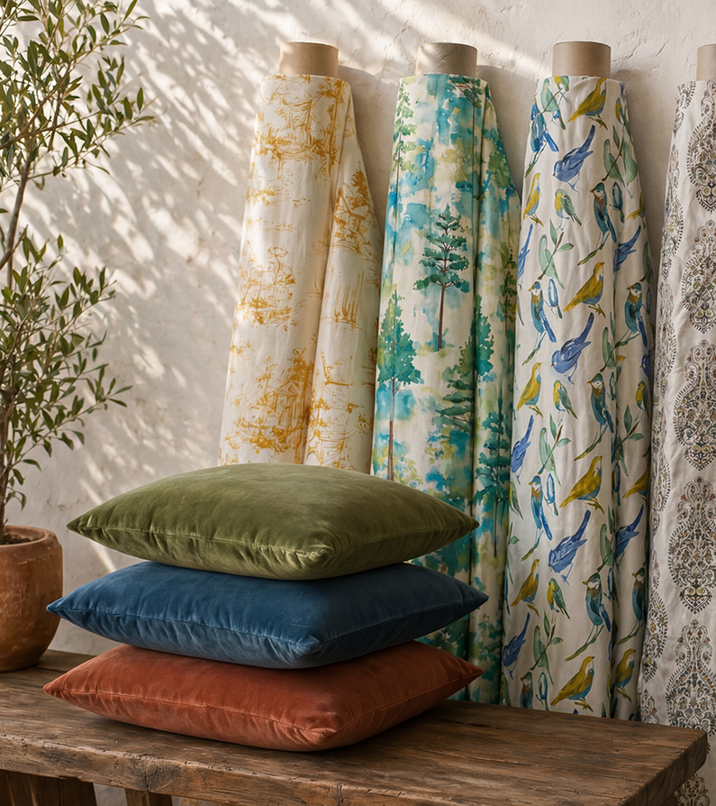 Printed: Colorful printed fabric rolls featuring scenic, botanical, bird, and ornamental patterns displayed with coordinating velvet pillows.