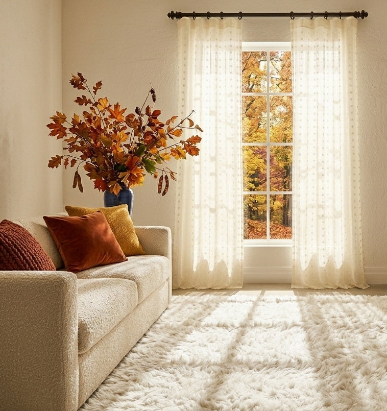 Sheer ivory patterned curtains softly filter sunlight in a cozy fall living room with warm autumn foliage and rust-toned accents.