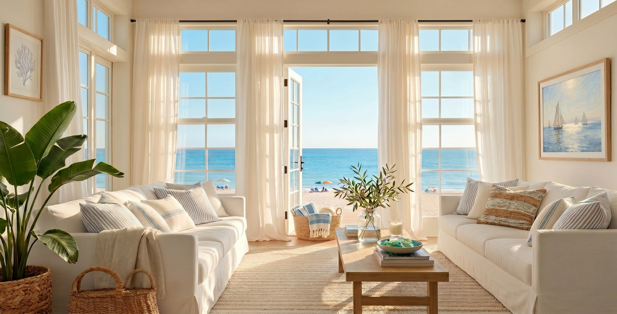Sunlit living room with sheer ivory ready made curtains framing large ocean-view windows during seasonal sale promotion.