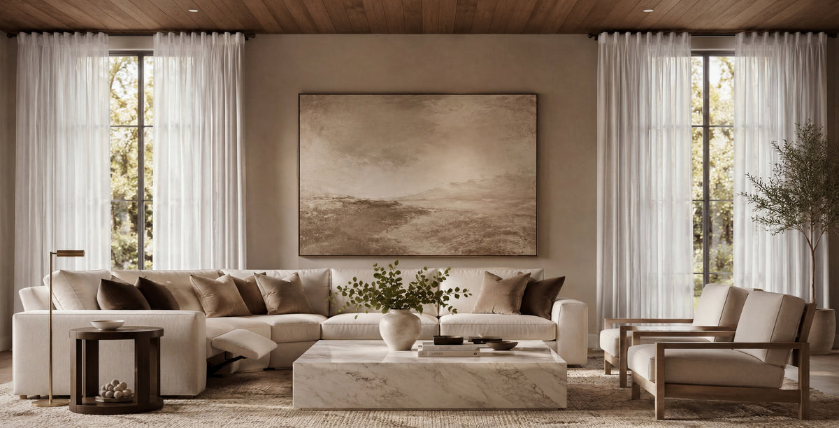 Elegant living room featuring Rice White heavy faux linen semi-sheer curtains framing tall windows, with a cream sectional sofa, marble coffee table, warm wood accents, and soft natural light creating a bright, airy atmosphere.